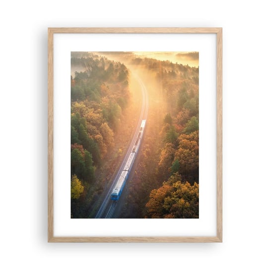 Obraz - Plakat - Jesienna podróż - 40x50cm - Transport Kolejowy Krajobraz Górski Pociąg Pasażerski - Foto Plakaty w ramie koloru jasny dąb do Salonu Sypialni ARTTOR ARTTOR