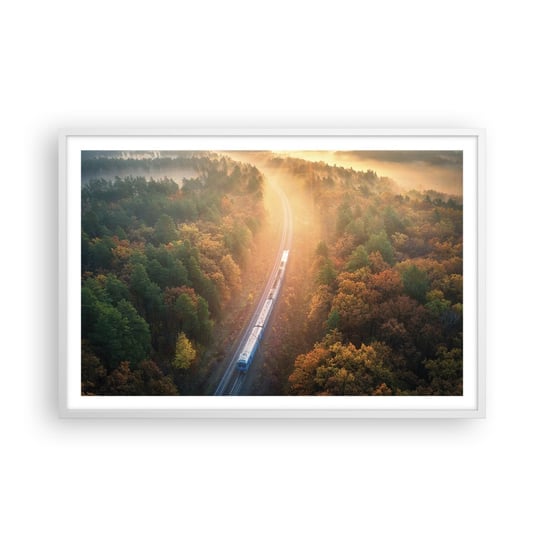 Obraz - Plakat - Jesienna podróż - 91x61cm - Transport Kolejowy Krajobraz Górski Pociąg Pasażerski - Foto Plakaty na ścianę w ramie białej - Plakat do Salonu Sypialni ARTTOR ARTTOR