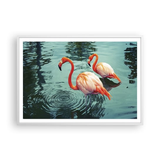 Obraz - Plakat - Jesteśmy teraz w modzie - 100x70cm - Flamingi Ptaki Natura - Foto Plakaty w ramie koloru białego do Salonu Sypialni ARTTOR ARTTOR