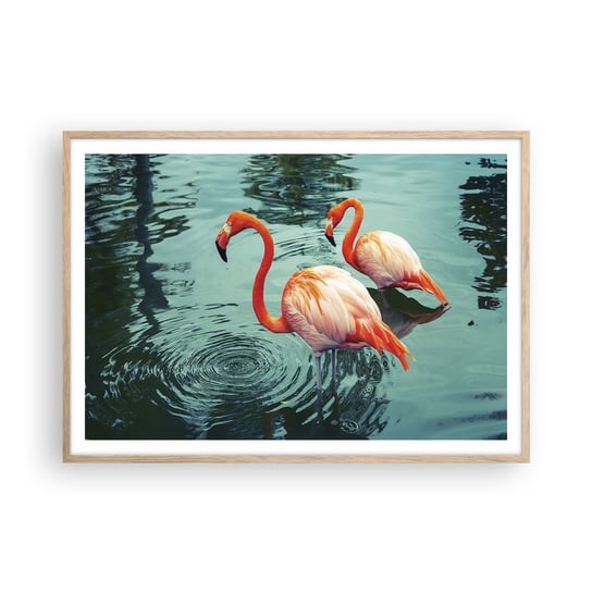 Obraz - Plakat - Jesteśmy teraz w modzie - 100x70cm - Flamingi Ptaki Natura - Foto Plakaty w ramie koloru jasny dąb do Salonu Sypialni ARTTOR ARTTOR