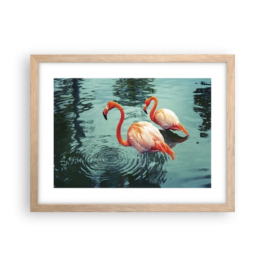 Obraz - Plakat - Jesteśmy teraz w modzie - 40x30cm - Flamingi Ptaki Natura - Foto Plakaty na ścianę w ramie jasny dąb - Plakat do Salonu Sypialni ARTTOR ARTTOR