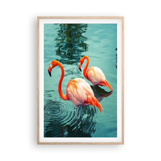Obraz - Plakat - Jesteśmy teraz w modzie - 61x91cm - Flamingi Ptaki Natura - Foto Plakaty na ścianę w ramie jasny dąb - Plakat do Salonu Sypialni ARTTOR ARTTOR
