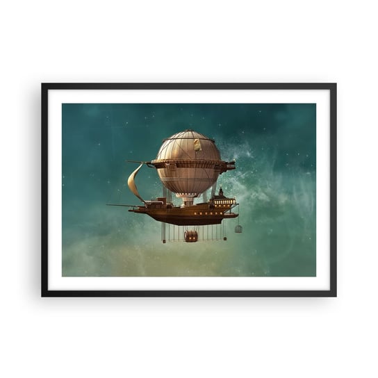 Obraz - Plakat - Juliusz Verne pozdrawia - 70x50cm - Retro Podróż Balon - Nowoczesny modny obraz Plakat czarna rama ARTTOR ARTTOR