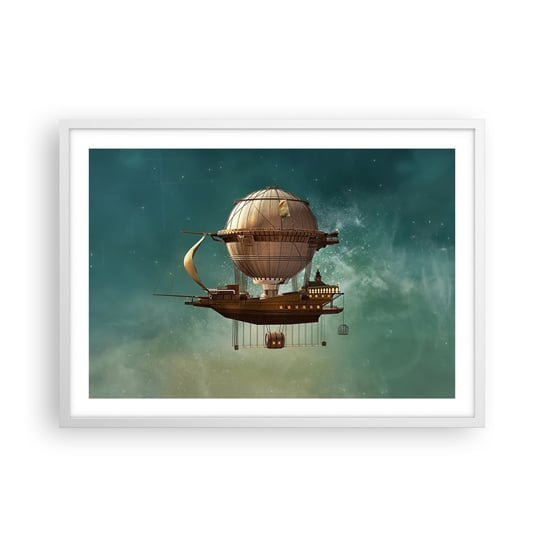 Obraz - Plakat - Juliusz Verne pozdrawia - 70x50cm - Retro Podróż Balon - Nowoczesny modny obraz Plakat rama biała ARTTOR ARTTOR