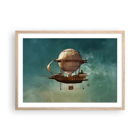 Obraz - Plakat - Juliusz Verne pozdrawia - 70x50cm - Retro Podróż Balon - Nowoczesny modny obraz Plakat rama jasny dąb ARTTOR ARTTOR