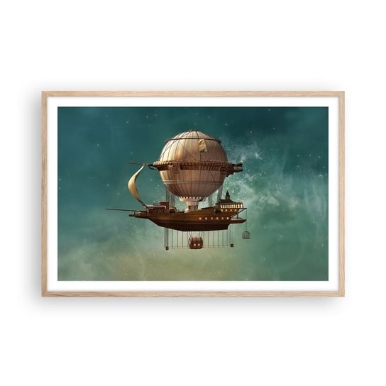 Obraz - Plakat - Juliusz Verne pozdrawia - 91x61cm - Retro Podróż Balon - Foto Plakaty na ścianę w ramie jasny dąb - Plakat do Salonu Sypialni ARTTOR ARTTOR