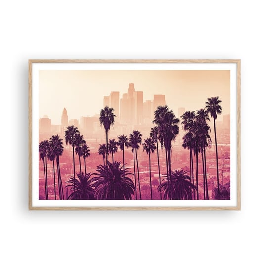 Obraz - Plakat - Kalifornijski pejzaż - 100x70cm - Miasto Los Angeles Palmy Kokosowe - Foto Plakaty w ramie koloru jasny dąb do Salonu Sypialni ARTTOR ARTTOR