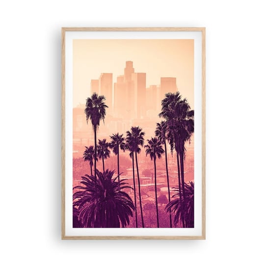 Obraz - Plakat - Kalifornijski pejzaż - 61x91cm - Miasto Los Angeles Palmy Kokosowe - Foto Plakaty na ścianę w ramie jasny dąb - Plakat do Salonu Sypialni ARTTOR ARTTOR