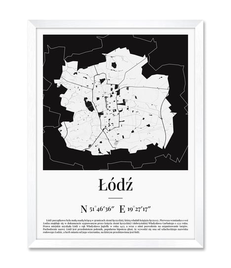Obraz plakat kartograficzny geograficzny na ścianę mapa plan miasta Łódź Łodzi biała rama 32x42 cm iWALL studio