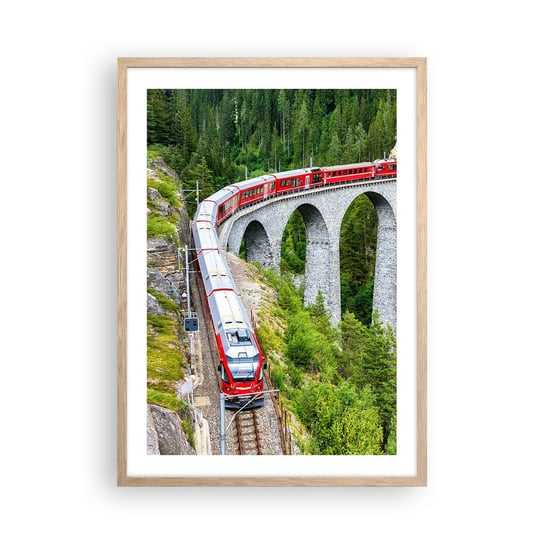 Obraz - Plakat - Kolej na górskie widoki - 50x70cm - Most Kolejowy Krajobraz Górski Pociąg Pasażerski - Nowoczesny modny obraz Plakat rama jasny dąb ARTTOR ARTTOR