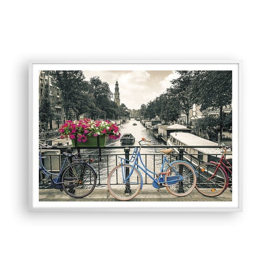 Obraz - Plakat - Kolory amsterdamskiej ulicy - 100x70cm - Miasto Amsterdam Rower - Foto Plakaty w ramie koloru białego do Salonu Sypialni ARTTOR ARTTOR