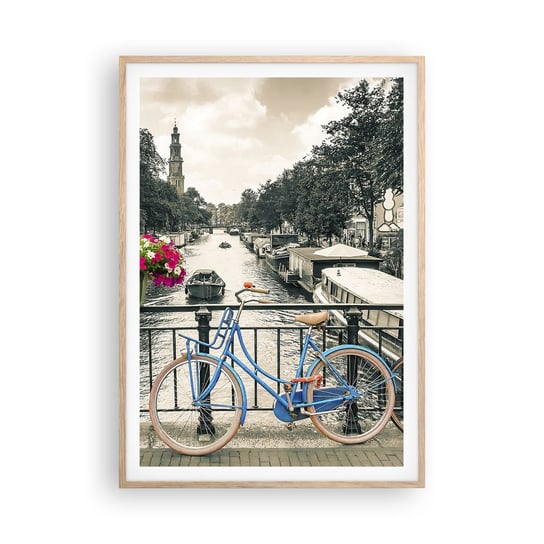 Obraz - Plakat - Kolory amsterdamskiej ulicy - 70x100cm - Miasto Amsterdam Rower - Foto Plakaty w ramie koloru jasny dąb do Salonu Sypialni ARTTOR ARTTOR