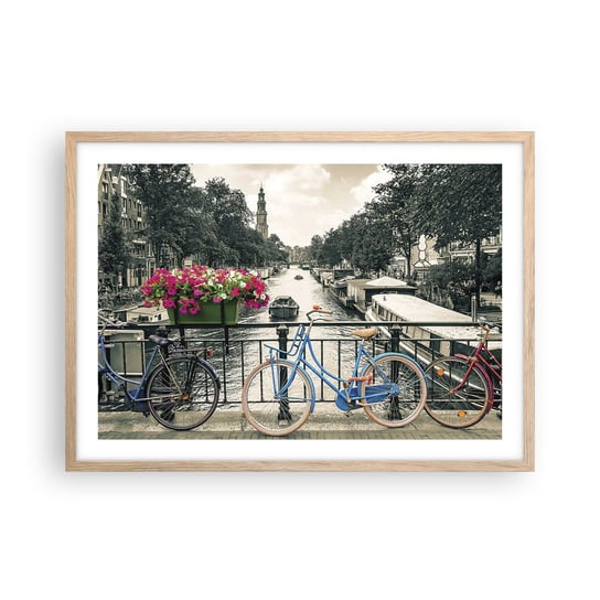 Obraz - Plakat - Kolory amsterdamskiej ulicy - 70x50cm - Miasto Amsterdam Rower - Nowoczesny modny obraz Plakat rama jasny dąb ARTTOR ARTTOR