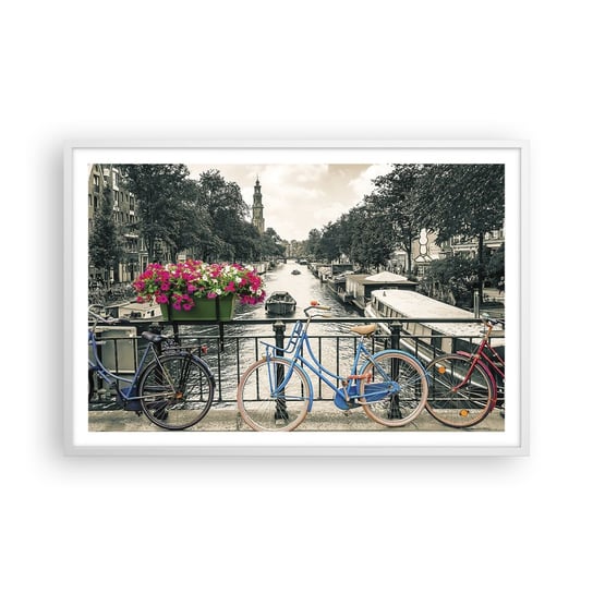 Obraz - Plakat - Kolory amsterdamskiej ulicy - 91x61cm - Miasto Amsterdam Rower - Foto Plakaty na ścianę w ramie białej - Plakat do Salonu Sypialni ARTTOR ARTTOR