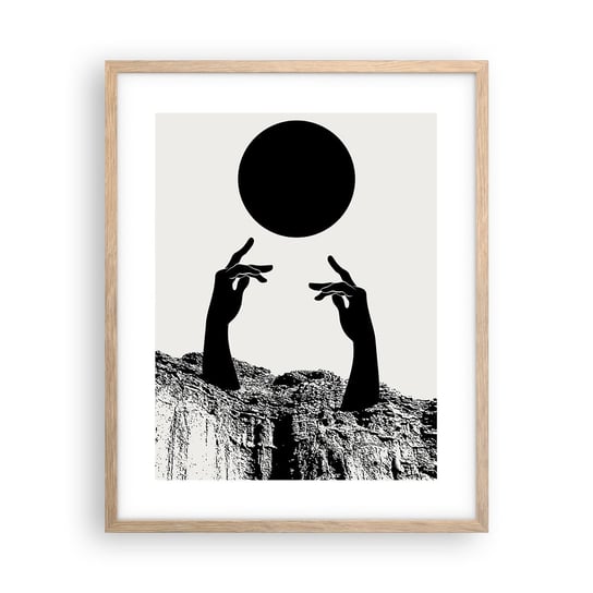 Obraz - Plakat - Kompozycja surrealistyczna: słońce i reszta - 40x50cm - Ręce Słońce Czarno-Biały - Foto Plakaty w ramie koloru jasny dąb do Salonu Sypialni ARTTOR ARTTOR