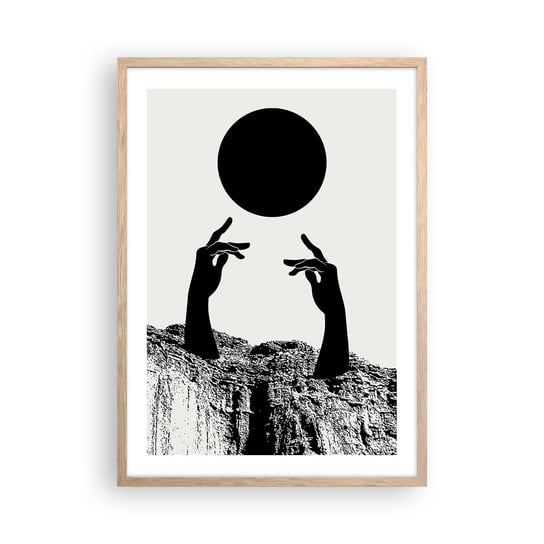 Obraz - Plakat - Kompozycja surrealistyczna: słońce i reszta - 50x70cm - Ręce Słońce Czarno-Biały - Nowoczesny modny obraz Plakat rama jasny dąb ARTTOR ARTTOR