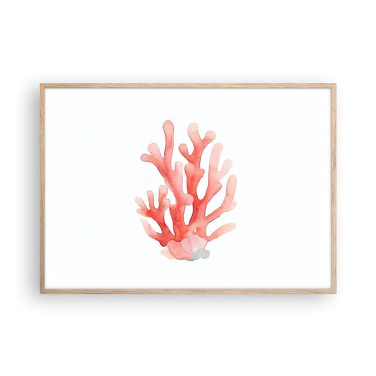 Obraz - Plakat - Koral koloru koralowego - 100x70cm - Rafa Koralowa Nadmorski Minimalizm - Foto Plakaty w ramie koloru jasny dąb do Salonu Sypialni ARTTOR ARTTOR