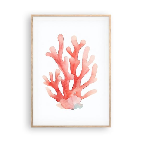 Obraz - Plakat - Koral koloru koralowego - 70x100cm - Rafa Koralowa Nadmorski Minimalizm - Foto Plakaty w ramie koloru jasny dąb do Salonu Sypialni ARTTOR ARTTOR