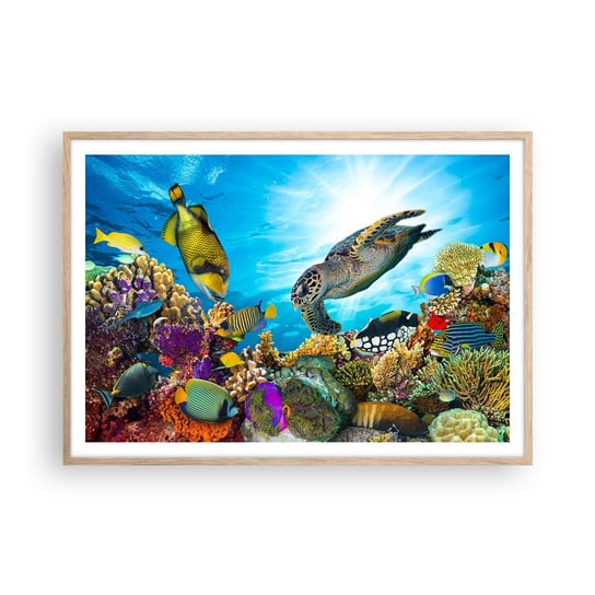 Obraz - Plakat - Koralowa promenada - 100x70cm - Rafa Koralowa Morze Podwodny Świat - Foto Plakaty w ramie koloru jasny dąb do Salonu Sypialni ARTTOR ARTTOR