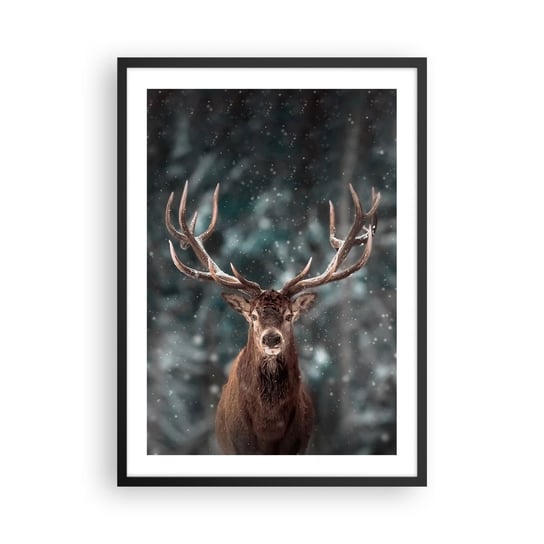 Obraz - Plakat - Król lasu ukoronowany - 50x70cm - Zwierzęta Jeleń Zima - Nowoczesny modny obraz Plakat czarna rama ARTTOR ARTTOR