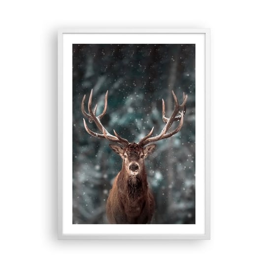 Obraz - Plakat - Król lasu ukoronowany - 50x70cm - Zwierzęta Jeleń Zima - Nowoczesny modny obraz Plakat rama biała ARTTOR ARTTOR