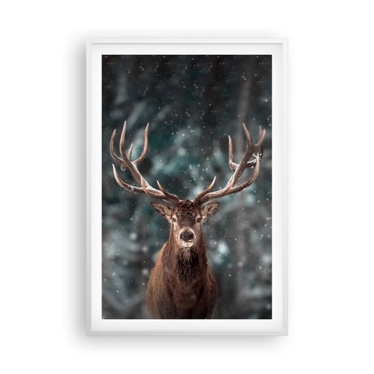 Obraz - Plakat - Król lasu ukoronowany - 61x91cm - Zwierzęta Jeleń Zima - Foto Plakaty na ścianę w ramie białej - Plakat do Salonu Sypialni ARTTOR ARTTOR