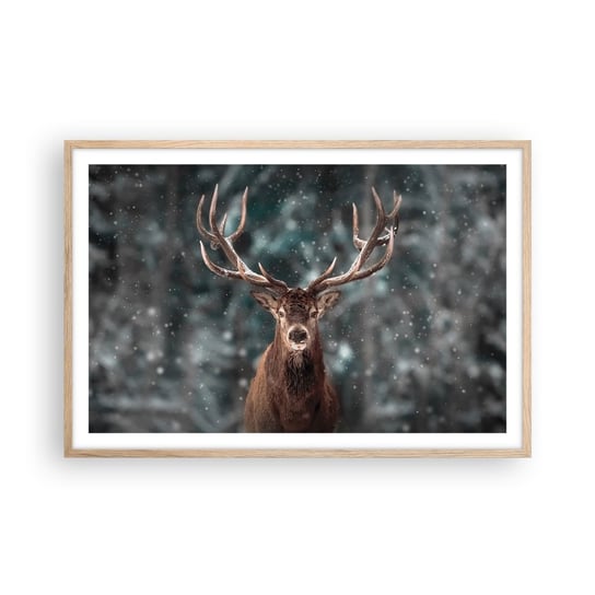 Obraz - Plakat - Król lasu ukoronowany - 91x61cm - Zwierzęta Jeleń Zima - Foto Plakaty na ścianę w ramie jasny dąb - Plakat do Salonu Sypialni ARTTOR ARTTOR