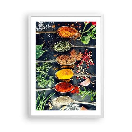 Obraz - Plakat - Kulinarna magia - 50x70cm - Przyprawy Zioła Kuchnia - Nowoczesny modny obraz Plakat rama biała ARTTOR ARTTOR