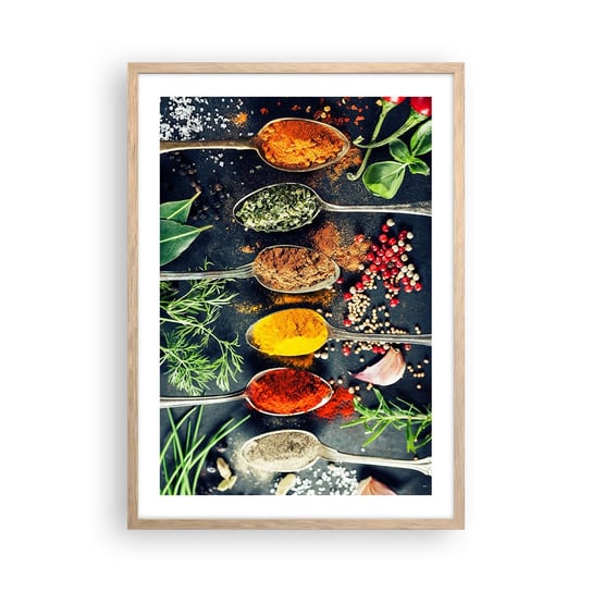 Obraz - Plakat - Kulinarna magia - 50x70cm - Przyprawy Zioła Kuchnia - Nowoczesny modny obraz Plakat rama jasny dąb ARTTOR ARTTOR