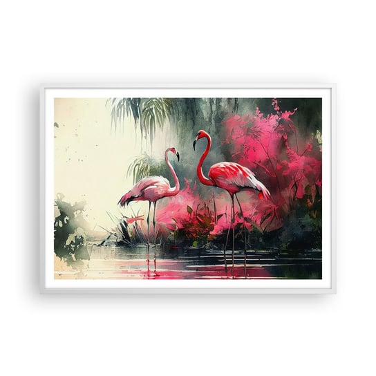 Obraz - Plakat - Lekcja naturalnego wdzięku - 100x70cm - Flamingi Sztuka Pejzaż - Foto Plakaty w ramie koloru białego do Salonu Sypialni ARTTOR ARTTOR