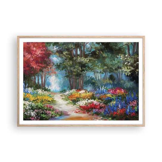 Obraz - Plakat - Leśny ogród, kwietny las - 100x70cm - Krajobraz Park Kwiaty - Foto Plakaty w ramie koloru jasny dąb do Salonu Sypialni ARTTOR ARTTOR