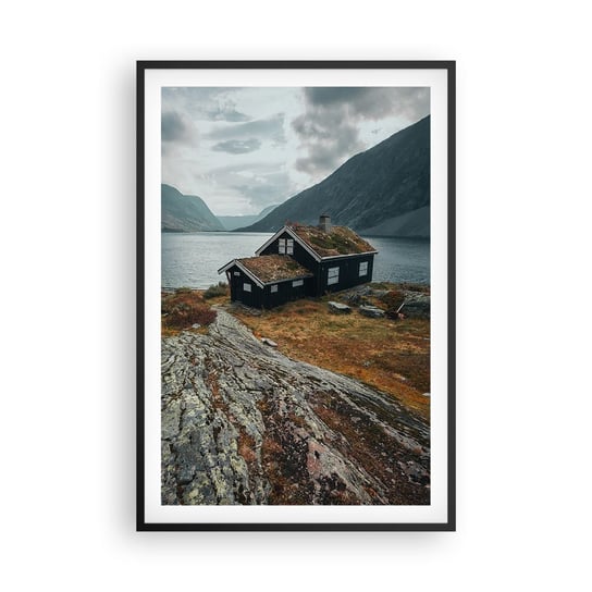 Obraz - Plakat - Letnisko nad fiordem - 61x91cm - Norwegia Jezioro Dom - Foto Plakaty na ścianę w czarnej ramie - Plakat do Salonu Sypialni ARTTOR ARTTOR