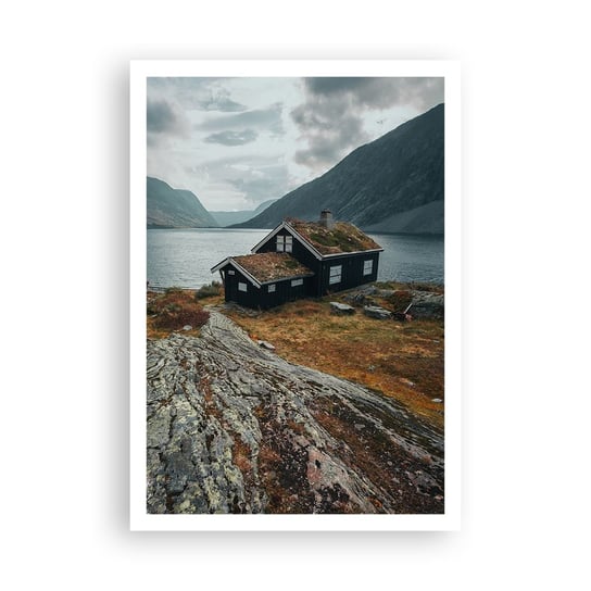 Obraz - Plakat - Letnisko nad fiordem - 70x100cm - Norwegia Jezioro Dom - Foto Plakaty bez ramy na ścianę do Salonu Sypialni ARTTOR ARTTOR