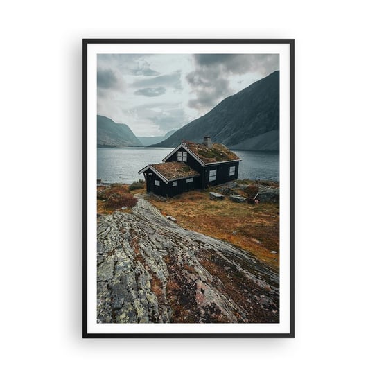 Obraz - Plakat - Letnisko nad fiordem - 70x100cm - Norwegia Jezioro Dom - Foto Plakaty w ramie koloru czarnego do Salonu Sypialni ARTTOR ARTTOR