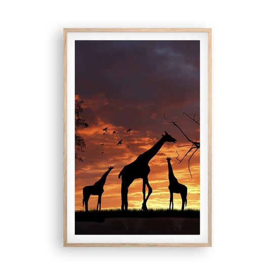 Obraz - Plakat - Mała kolacja w gronie najbliższych - 61x91cm - Zwierzęta Żyrafa Afryka - Foto Plakaty na ścianę w ramie jasny dąb - Plakat do Salonu Sypialni ARTTOR ARTTOR