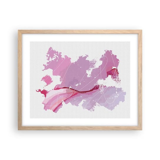 Obraz - Plakat - Mapa różowego świata - 50x40cm - Minimalizm Pastelowa Mapa - Foto Plakaty w ramie koloru jasny dąb do Salonu Sypialni ARTTOR ARTTOR