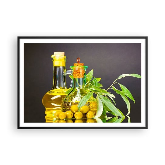 Obraz - Plakat - Martwa natura z oliwkami i oliwą - 100x70cm - Gastronomia Oliwki Oliwa - Foto Plakaty w ramie koloru czarnego do Salonu Sypialni ARTTOR ARTTOR