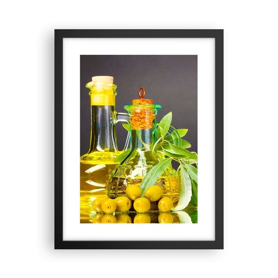 Obraz - Plakat - Martwa natura z oliwkami i oliwą - 30x40cm - Gastronomia Oliwki Oliwa - Foto Plakaty na ścianę w czarnej ramie - Plakat do Salonu Sypialni ARTTOR ARTTOR