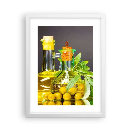 Obraz - Plakat - Martwa natura z oliwkami i oliwą - 30x40cm - Gastronomia Oliwki Oliwa - Foto Plakaty na ścianę w ramie białej - Plakat do Salonu Sypialni ARTTOR ARTTOR