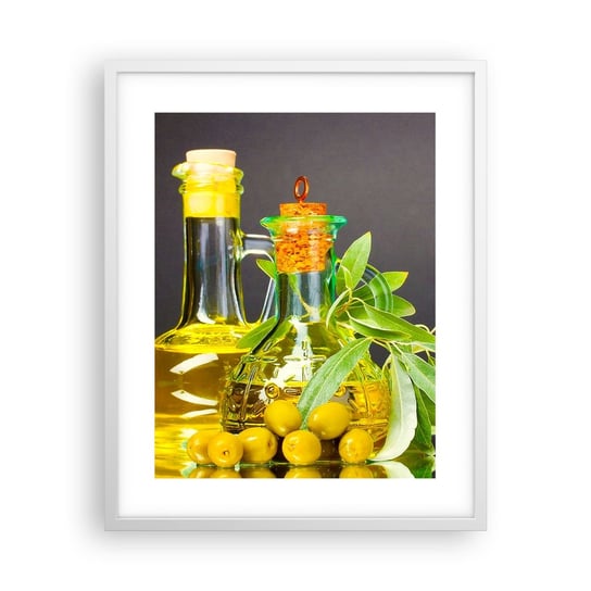 Obraz - Plakat - Martwa natura z oliwkami i oliwą - 40x50cm - Gastronomia Oliwki Oliwa - Foto Plakaty w ramie koloru białego do Salonu Sypialni ARTTOR ARTTOR