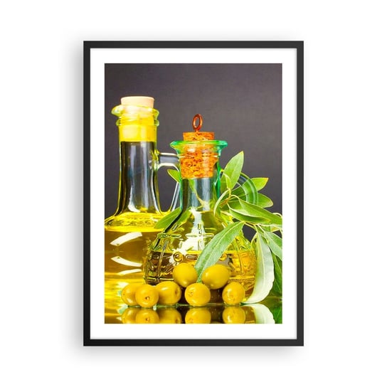 Obraz - Plakat - Martwa natura z oliwkami i oliwą - 50x70cm - Gastronomia Oliwki Oliwa - Nowoczesny modny obraz Plakat czarna rama ARTTOR ARTTOR
