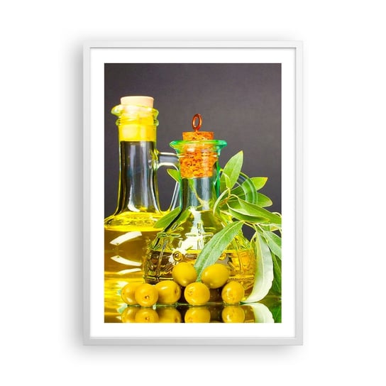 Obraz - Plakat - Martwa natura z oliwkami i oliwą - 50x70cm - Gastronomia Oliwki Oliwa - Nowoczesny modny obraz Plakat rama biała ARTTOR ARTTOR