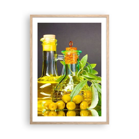 Obraz - Plakat - Martwa natura z oliwkami i oliwą - 50x70cm - Gastronomia Oliwki Oliwa - Nowoczesny modny obraz Plakat rama jasny dąb ARTTOR ARTTOR