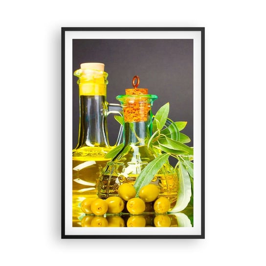 Obraz - Plakat - Martwa natura z oliwkami i oliwą - 61x91cm - Gastronomia Oliwki Oliwa - Foto Plakaty na ścianę w czarnej ramie - Plakat do Salonu Sypialni ARTTOR ARTTOR