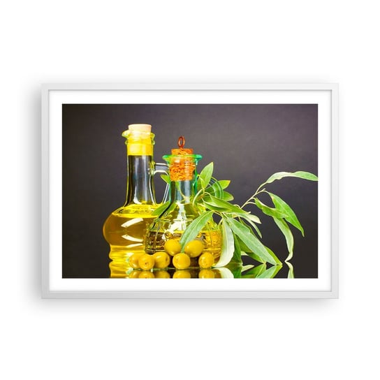 Obraz - Plakat - Martwa natura z oliwkami i oliwą - 70x50cm - Gastronomia Oliwki Oliwa - Nowoczesny modny obraz Plakat rama biała ARTTOR ARTTOR