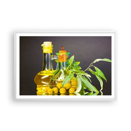 Obraz - Plakat - Martwa natura z oliwkami i oliwą - 91x61cm - Gastronomia Oliwki Oliwa - Foto Plakaty na ścianę w ramie białej - Plakat do Salonu Sypialni ARTTOR ARTTOR