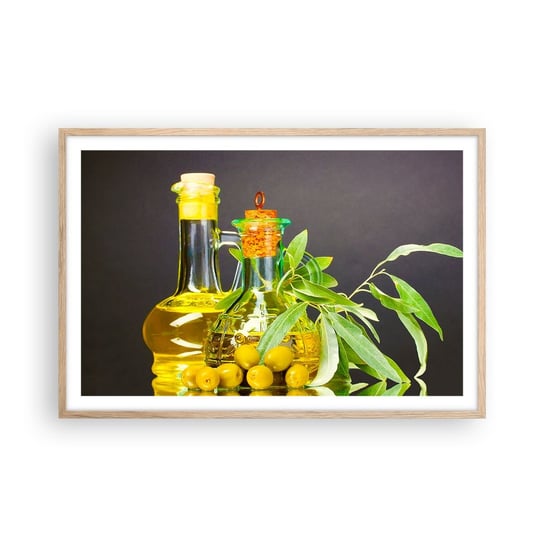 Obraz - Plakat - Martwa natura z oliwkami i oliwą - 91x61cm - Gastronomia Oliwki Oliwa - Foto Plakaty na ścianę w ramie jasny dąb - Plakat do Salonu Sypialni ARTTOR ARTTOR