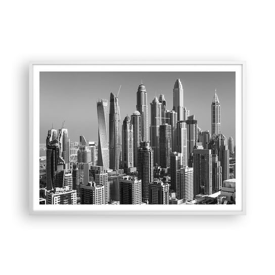 Obraz - Plakat - Miasto nad pustynią - 100x70cm - Architektura Miasto Dubaj - Foto Plakaty w ramie koloru białego do Salonu Sypialni ARTTOR ARTTOR