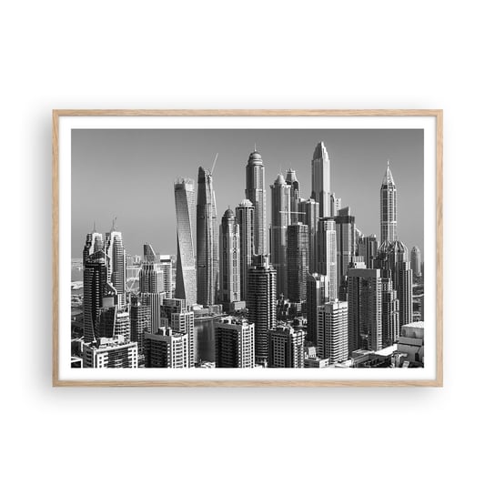 Obraz - Plakat - Miasto nad pustynią - 100x70cm - Architektura Miasto Dubaj - Foto Plakaty w ramie koloru jasny dąb do Salonu Sypialni ARTTOR ARTTOR