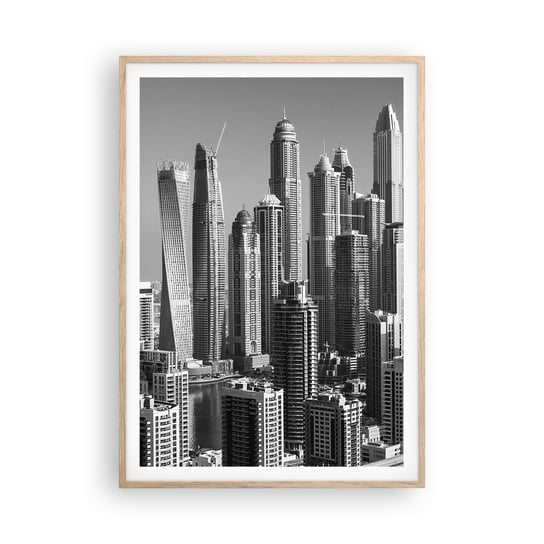 Obraz - Plakat - Miasto nad pustynią - 70x100cm - Architektura Miasto Dubaj - Foto Plakaty w ramie koloru jasny dąb do Salonu Sypialni ARTTOR ARTTOR